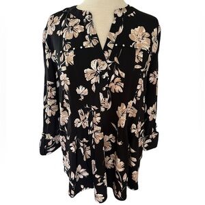 COCOMO Large Black Beige Floral 3/4 Sleeve women's Pintuck Blouse Tunic Shirt